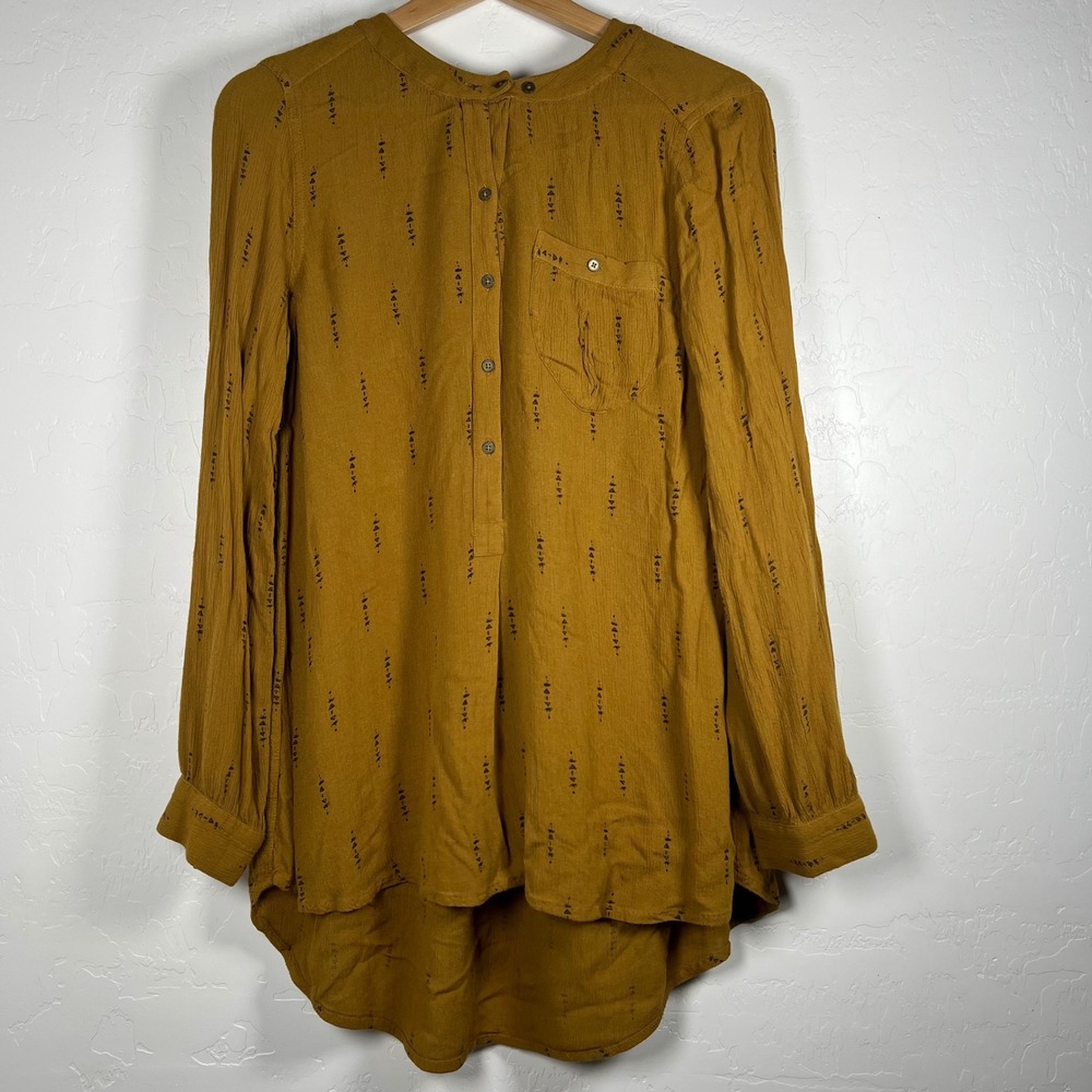 Free People Mustard Yellow hi low Geometric Print Button Down Tunic Top Small